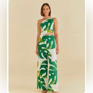 FARM Rio White Monstera One Shoulder Jumpsuit